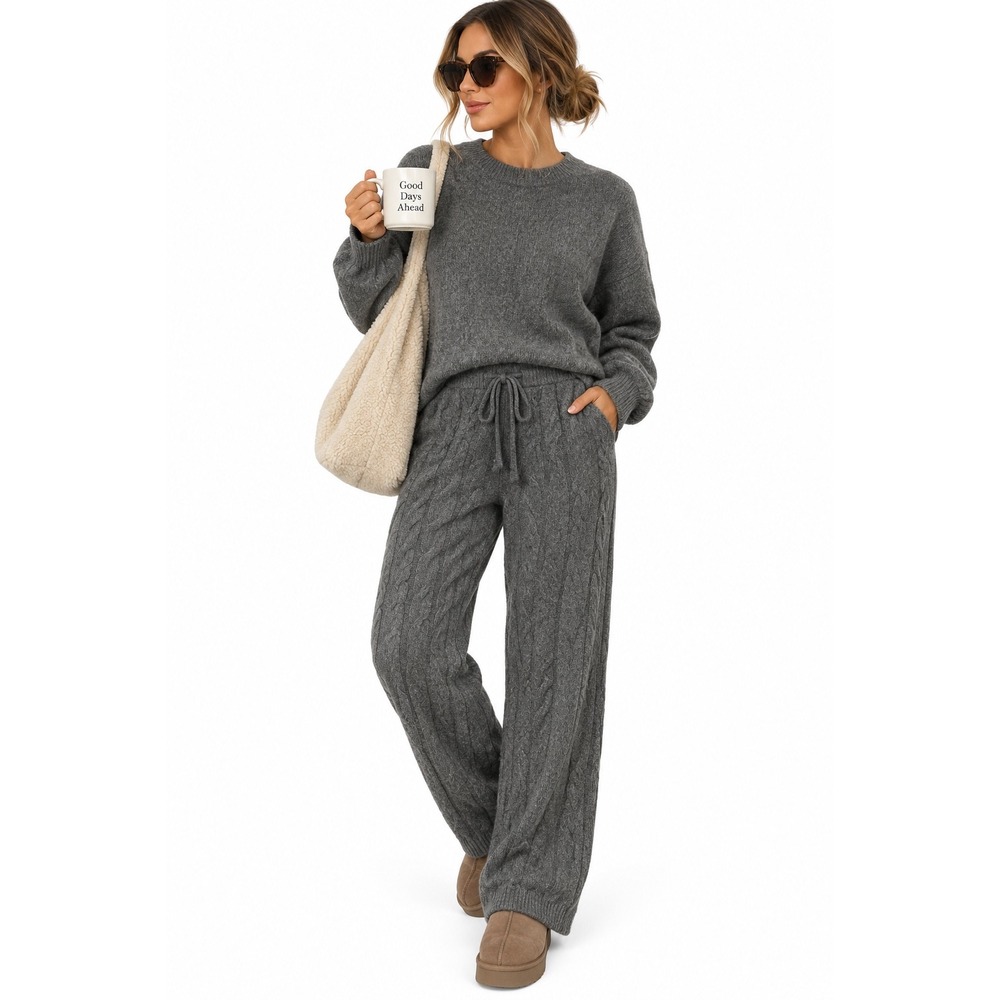 Cable Knit Lounge Pants Grey Soft Sweater Wide Leg Pajama Large NWT